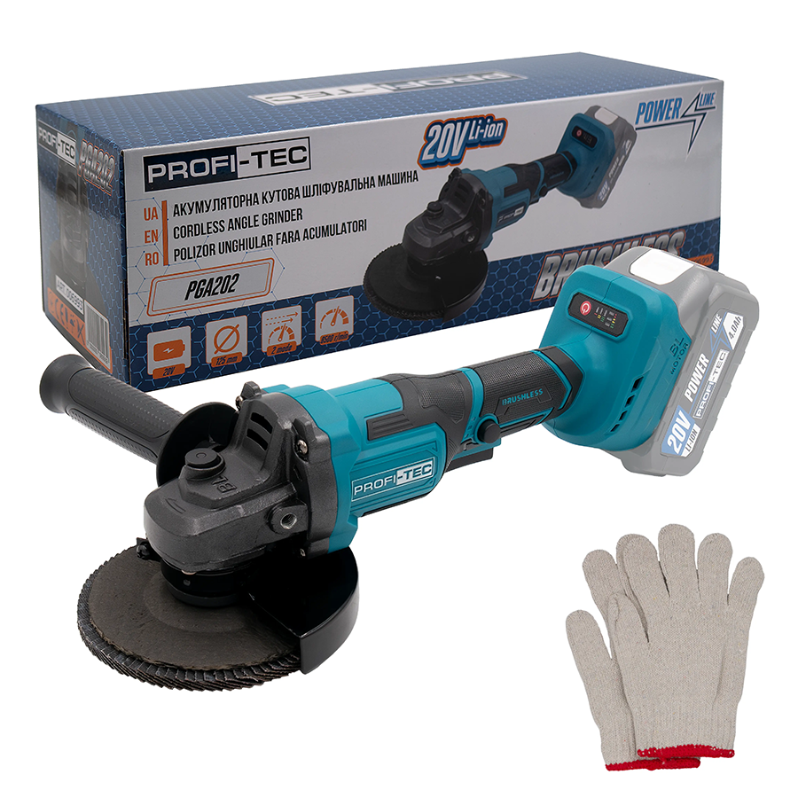 Акумуляторна кутова шліфувальна машина PROFI-TEC PGA202 POWERLine (без акумулятора та зарядного пристрою, коробка)